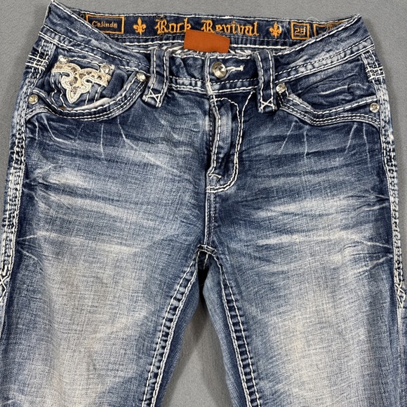 Rock Revival Jean Women 25 CELINDA Straight  Distressed THICK STITCH RHINESTONE - Picture 5 of 10